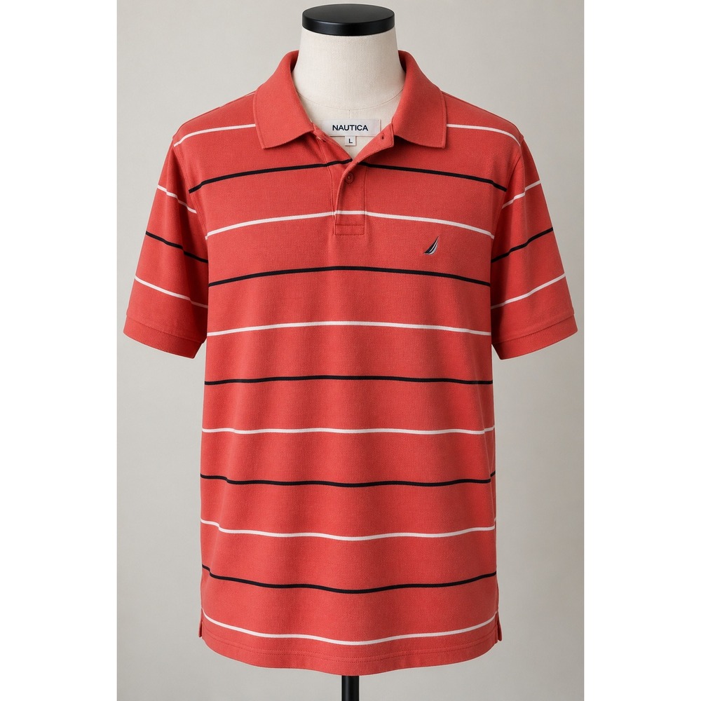 Nautica Mens XL Polo Shirt Coral Pink Navy White Striped Short Sleeve Pique Top